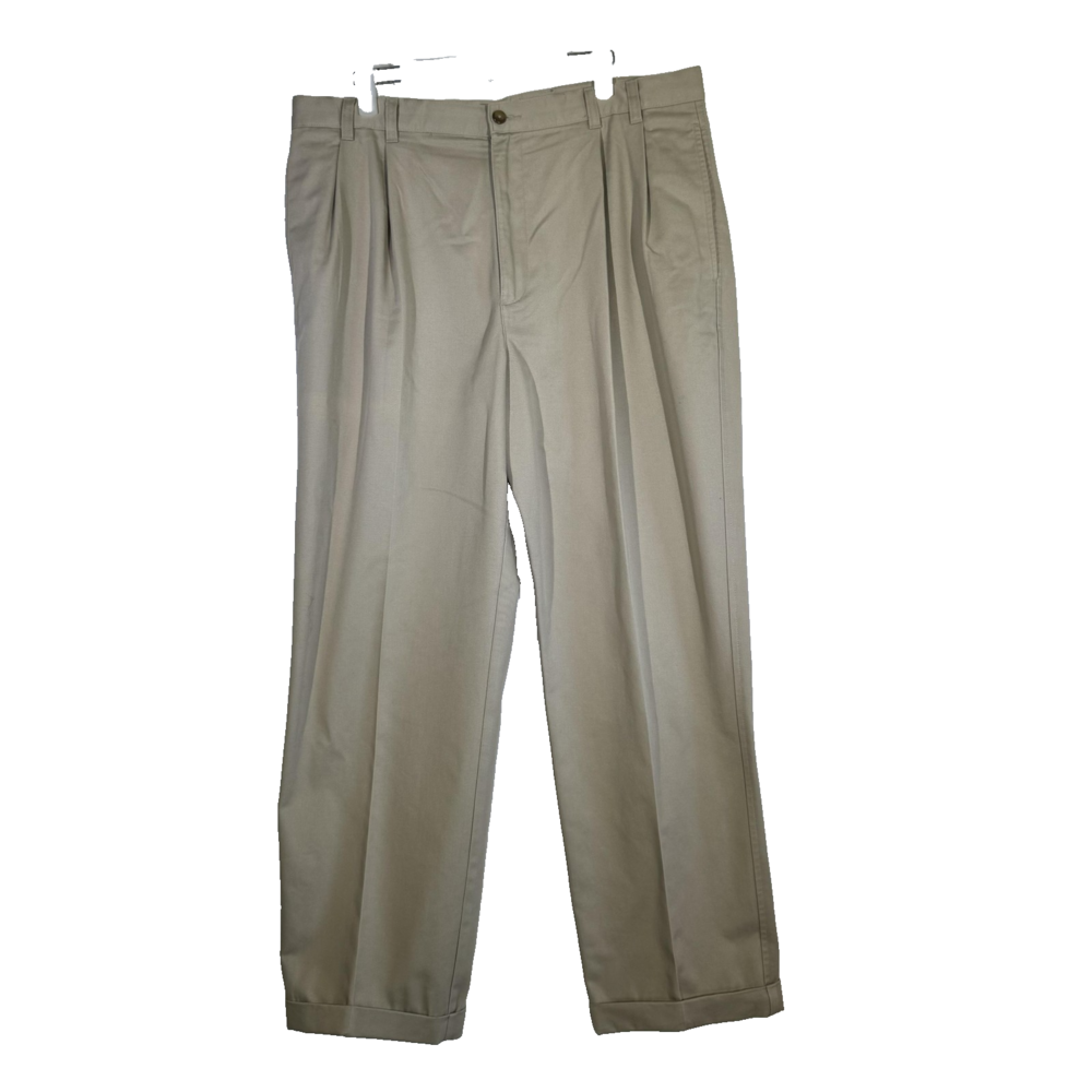 Jos A Bank Chino Pants Mens 36x34 Khaki Pleated Cuffed 100% Cotton Classic